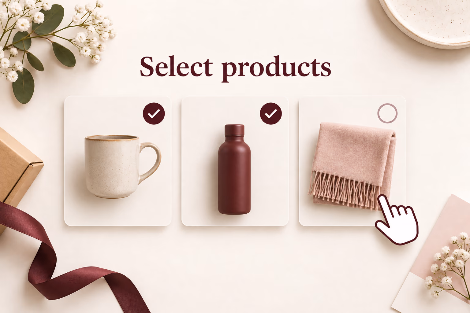 Select store products, including a burgundy insulated bottle, for the optional upsell section.
